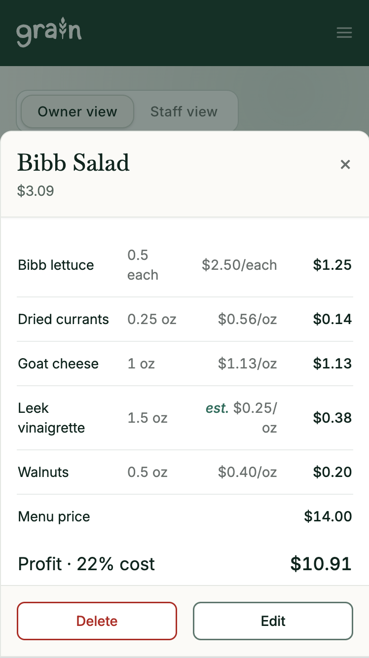 Cost your menu items
